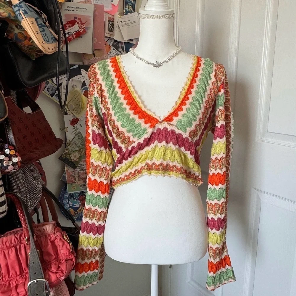 Free People Colorful Crochet V-Neck Long Sleeve Large